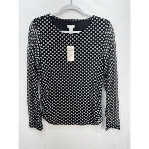 Chicos Polka Dot Lined Raye Top Size 1 (M/8) Black Mesh Sleeves Ruched Sides NEW